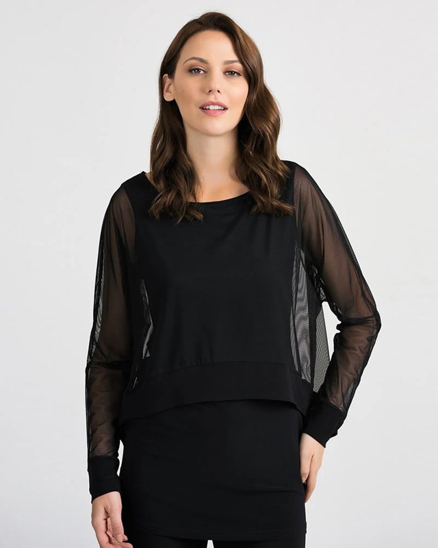 Joseph Ribkoff Round Neck Sheer Sleeve Overlay Tunic Top Black 18